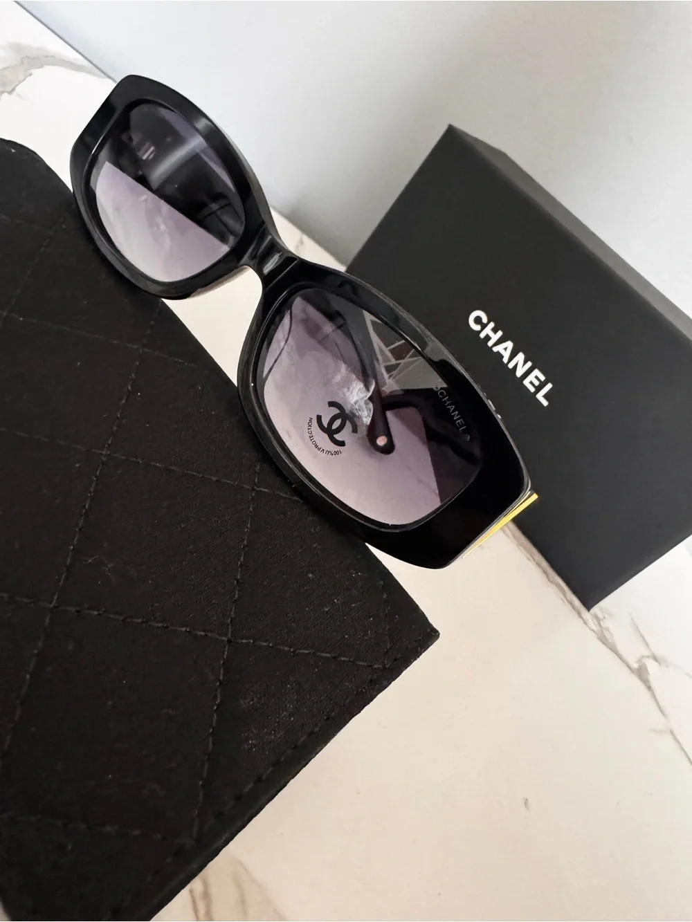 Chanel gold logo Black Rectangular Sunglasses - Classic Women Accessories